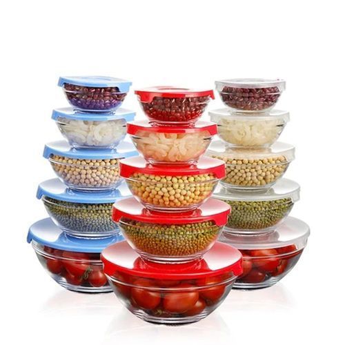 5 pcs Glass Bowl Set - Transparent, Lids Colour may Vary