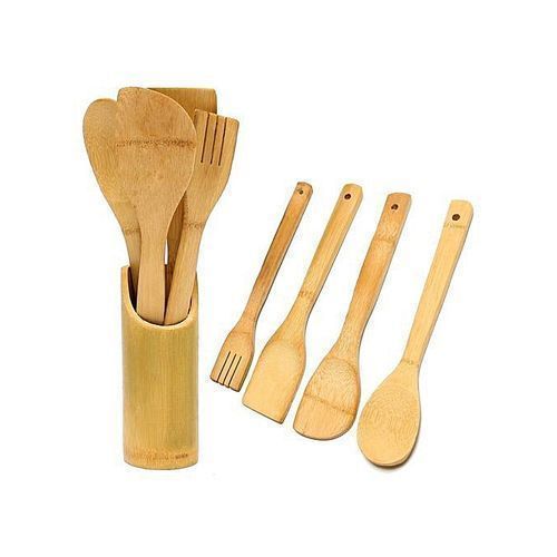 Bamboo Serving Cooking Spoons 5 Pieces - Brown