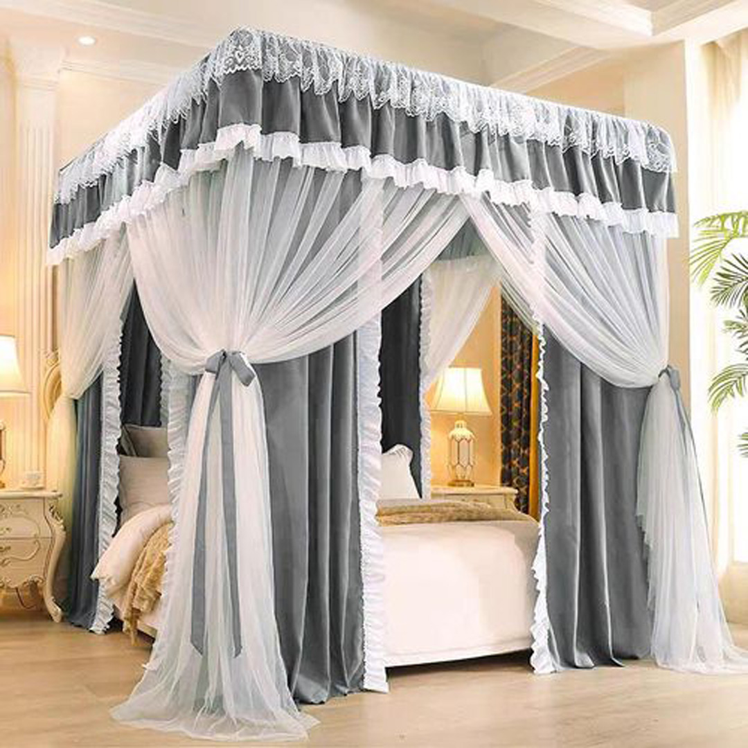 Curtain Mosquito Net With 4 Steel Stands & Unique Lace Design &Luxurious Packaging Double-layer Bed Net S4 Grey