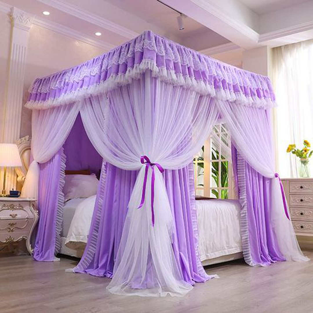 Curtain Mosquito Net With 4 Steel Stands & Unique Lace Design &Luxurious Packaging Double-layer Bed Net Purple