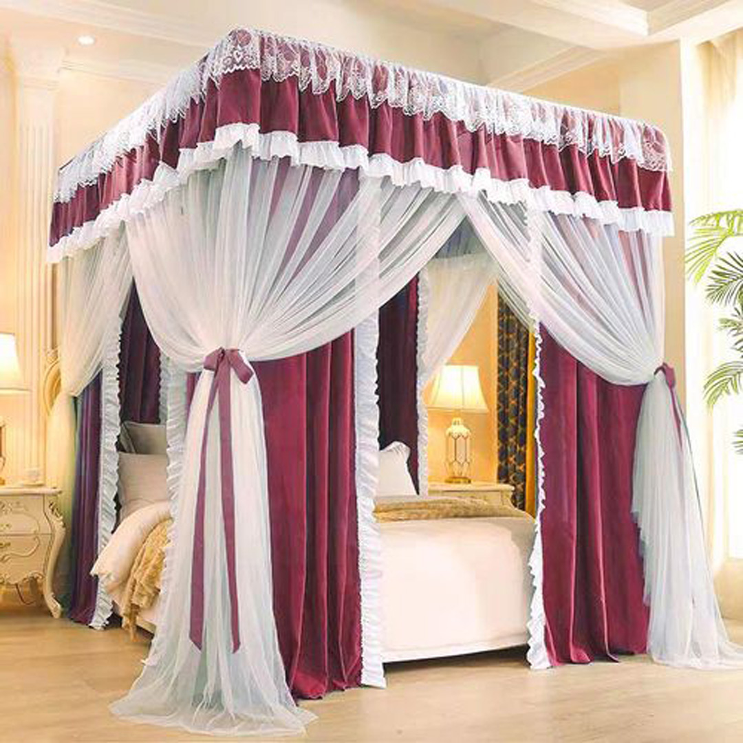 Curtain Mosquito Net With 4 Steel Stands & Unique Lace Design &Luxurious Packaging Double-layer Bed Net S4 Maroon Red