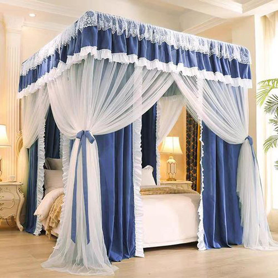 Curtain Mosquito Net With 4 Steel Stands & Unique Lace Design &Luxurious Packaging Double-layer Bed Net S4 Blue
