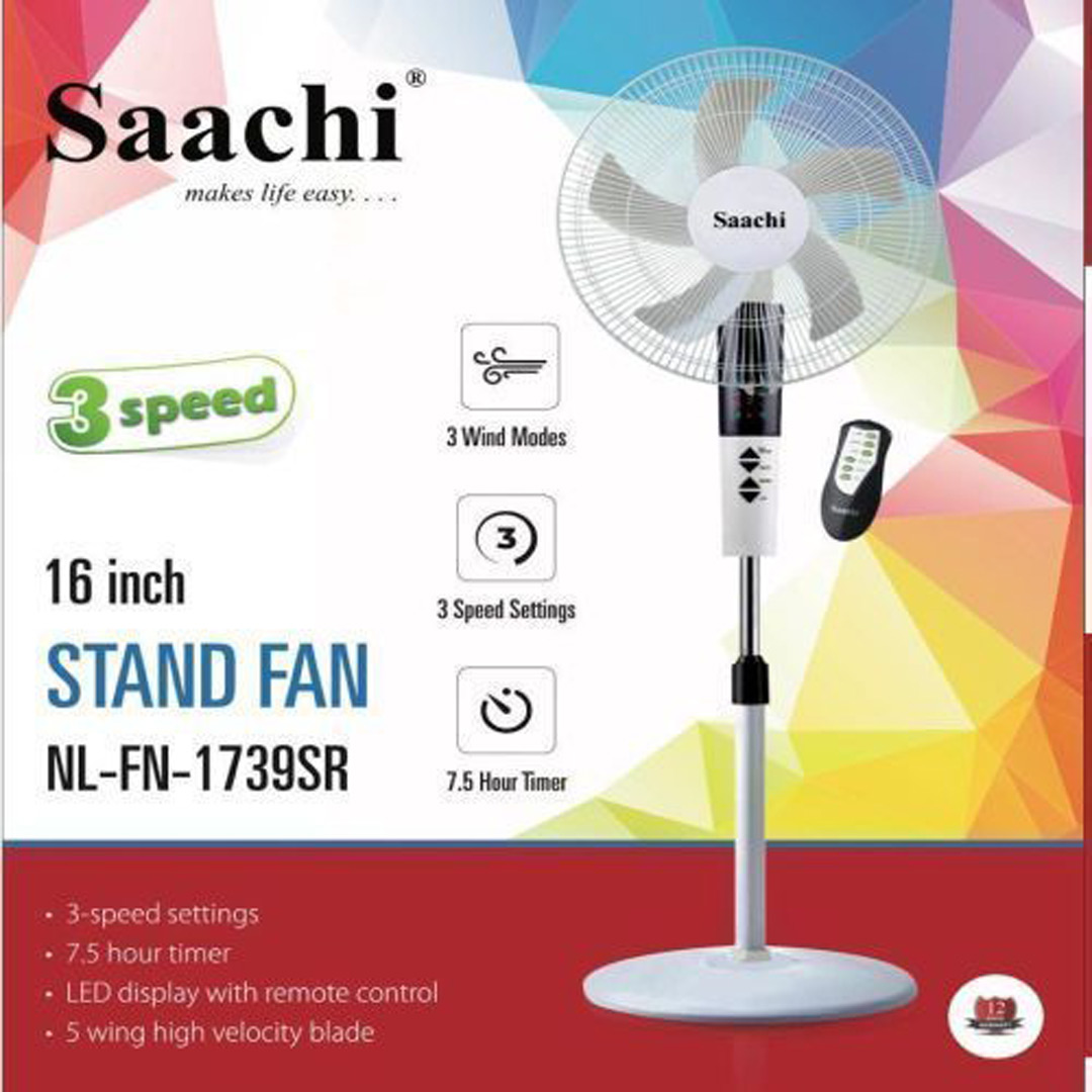 Saachi 16 Inch Stand Fan With Remote Control, 3 Speed, 3 Wind Modes - White
