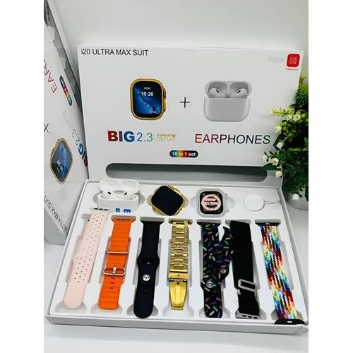 I20 Ultra Max Suit Smartwatch + Earpods Pro With Seven Decorated Watch Straps And Watch Screen Guard- Multi Colour