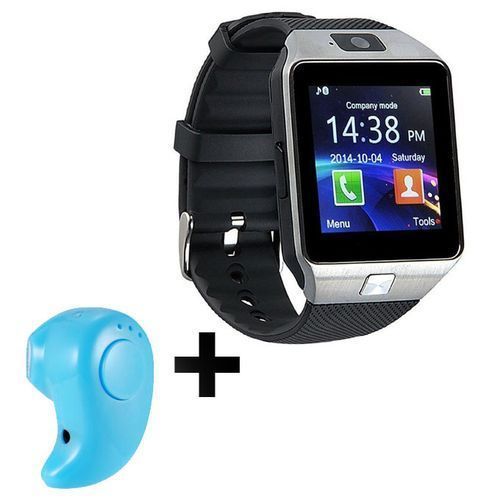 Smart Watch Wristband Supports Simcard and Memory Card Plus A Mini Bluetooth Wireless Music Earbud - Black